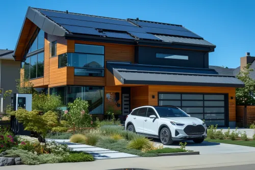 Vue d’une maison solaire intelligente équipée de solutions d’énergies renouvelables pour optimiser l’habitat.