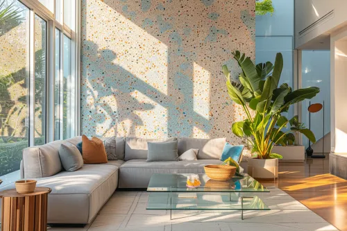 Découvrez un revêtement en terrazzo moderne, aux motifs colorés et à l’esprit contemporain raffiné.