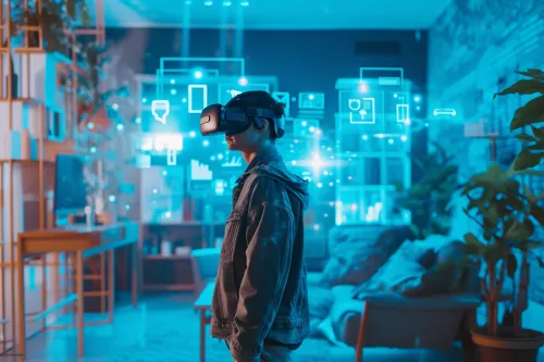 Personne portant un casque VR explorant un environnement numérique immersif en 3D