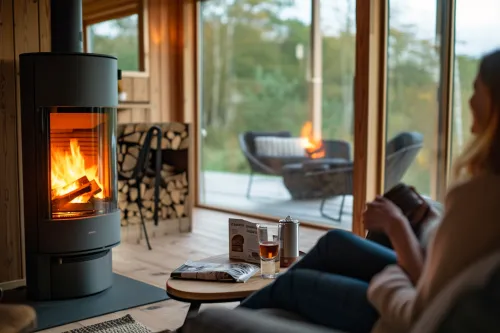 Poêle à bois moderne diffusant une chaleur douce dans un intérieur contemporain et chaleureux