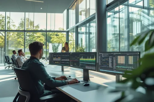 Employé travaillant en synergie avec un système d'intelligence artificielle sur un projet commun