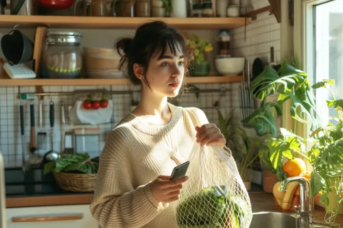 Femme avec sac réutilisable choisissant des produits locaux au marché bio