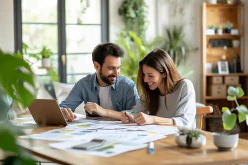 Panneaux solaires installés sur toiture avec calculatrice et documents d'aides financières de l'État