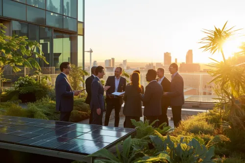 10 Leaders qui Révolutionnent leur Secteur : Parcours et Stratégies Décryptés 3 Professionnels en réunion créative concevant des stratégies économiques respectueuses de l'environnement