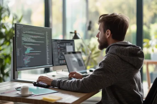 Développeurs travaillant avec un assistant de code intelligent sur leurs écrans d'ordinateur