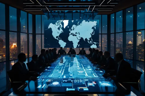 Carte mondiale avec flux économiques et zones d'influence des grandes puissances internationales