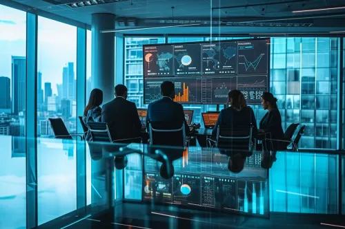 Professionnels collaborant avec des technologies numériques dans un environnement de travail moderne