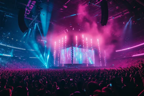 Artistes pop mondiaux sur scène lors d'un concert événementiel avec effets lumineux spectaculaires