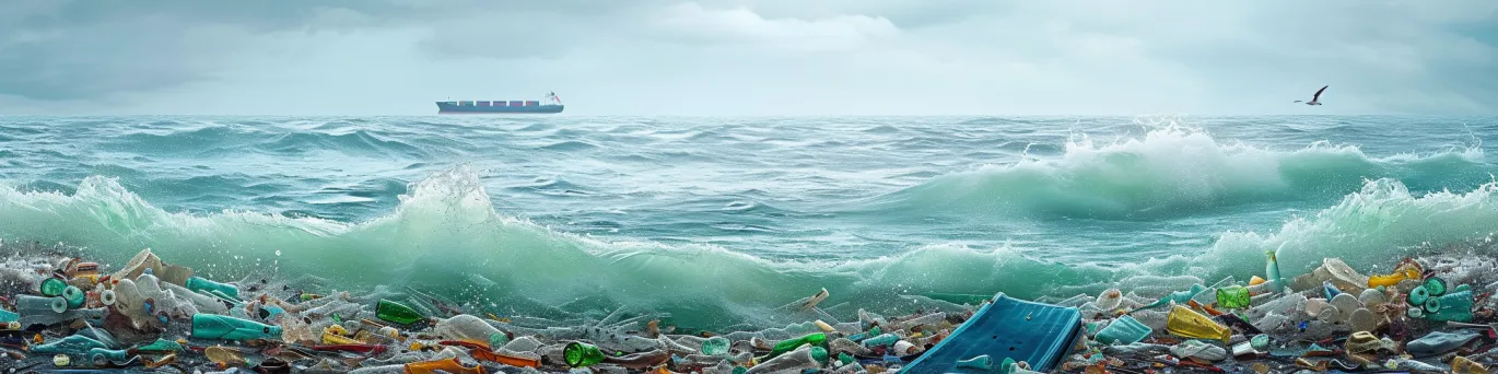 Déchets plastiques flottant à la surface de l'océan formant une nappe de pollution marine