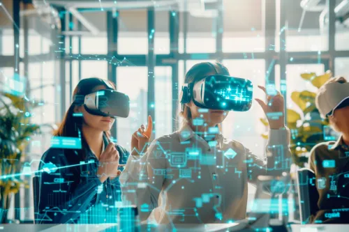 Évolution progressive des casques VR et lunettes AR avec interfaces holographiques futuristes