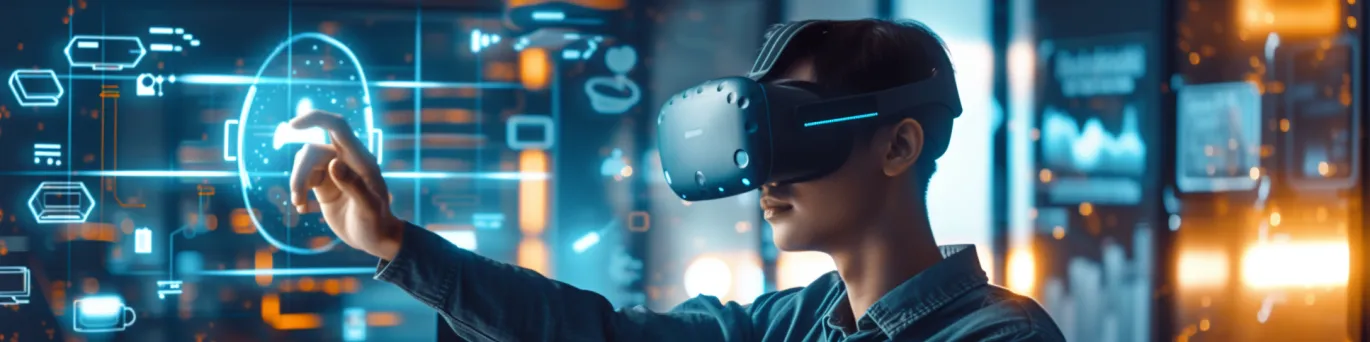 Personne portant un casque de réalité virtuelle et des lunettes de réalité augmentée côte à côte